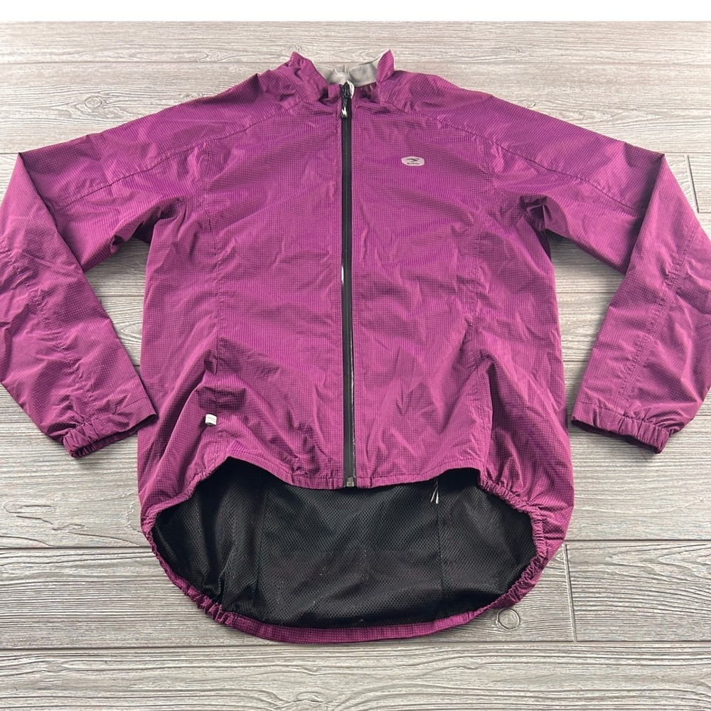 Sugoi Cycling Jacket Womens Large Magenta Purple Dot Pattern Full Zip Drop Tail